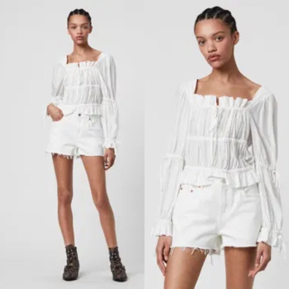 All Saints Kimi Victorian Top Off White Sz 0 Silk Blend Semi-Sheer Puff Sleeves